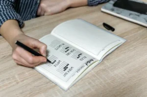 Man marking habits in habit tracker journal.